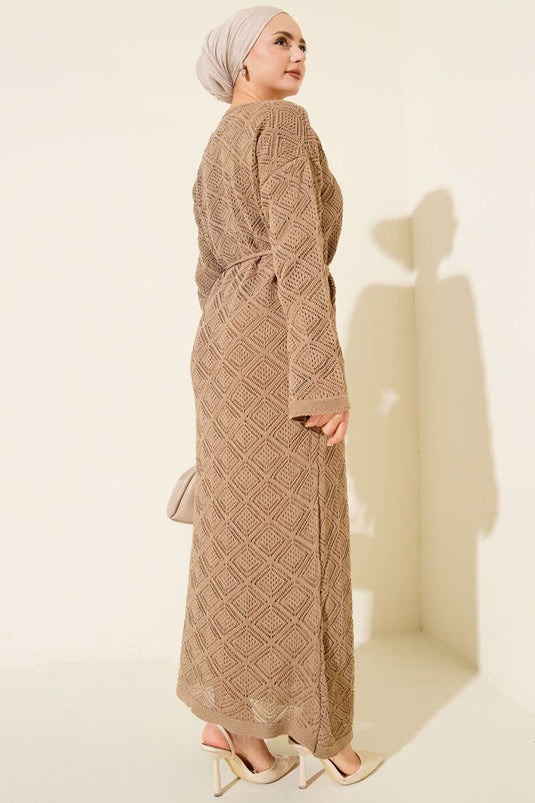 Rope Belted Square Openwork Knit Dress Mink