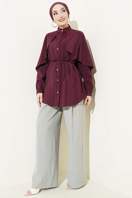 Camicia con maniche a mantella e cintura a corda, bordeaux
