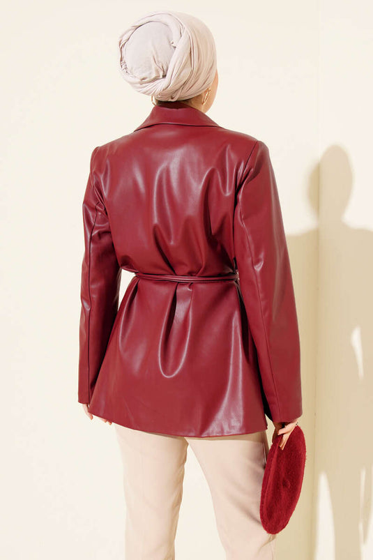 Double-Breasted Leather Jacket with Drawstring, Burgundy