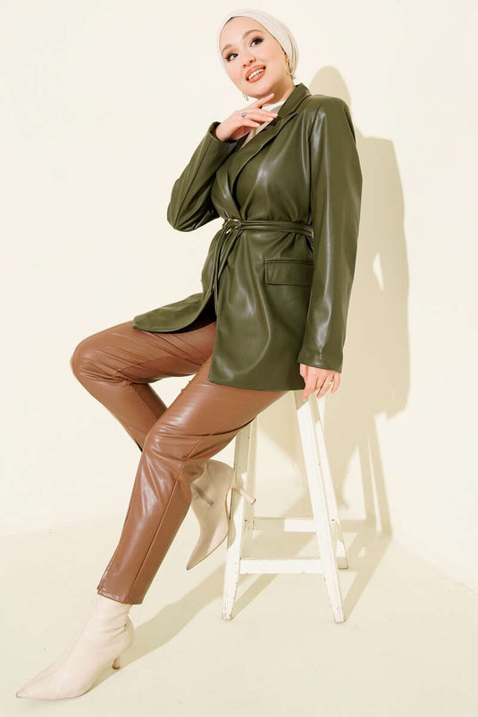 Double-Breasted Leather Jacket with Drawstring Collar, Khaki
