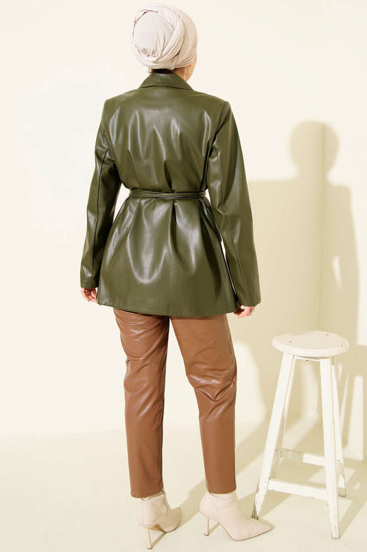 Double-Breasted Leather Jacket with Drawstring Collar, Khaki