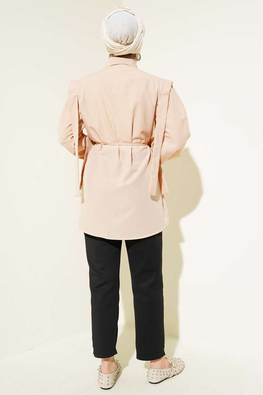Rope Belted Shoulder Cape Shirt Beige