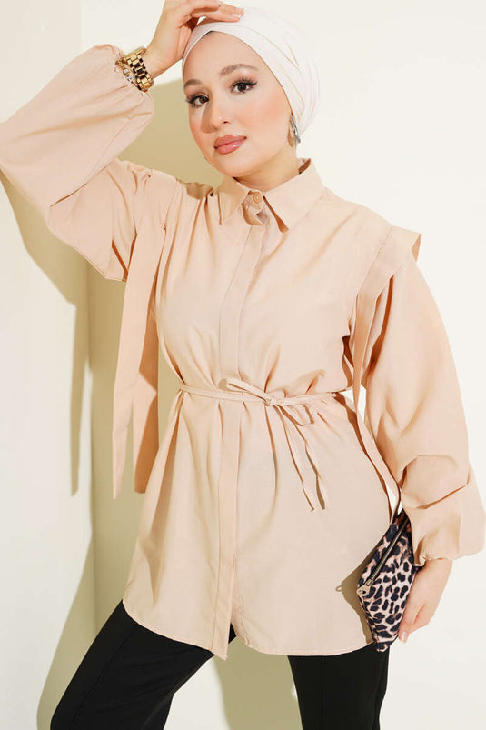 Rope Belted Shoulder Cape Shirt Beige