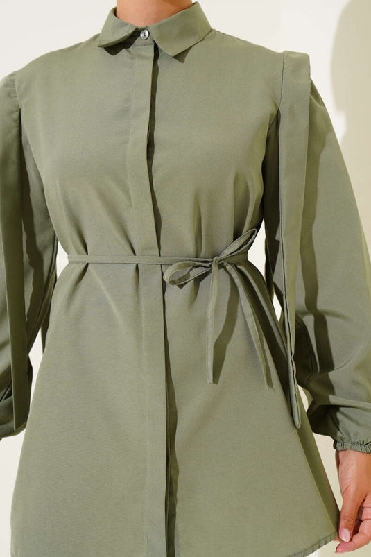 İp Kuşaklı Omuz Pelerinli Gömlek Çağla Yeşili