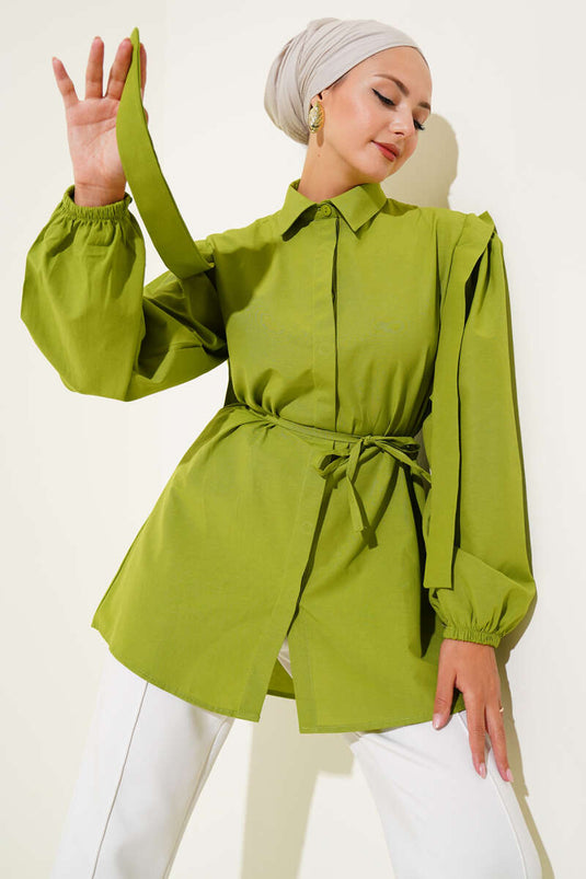 قميص بأكمام طويلة وحبل وحزام بلون أخضر فستقي