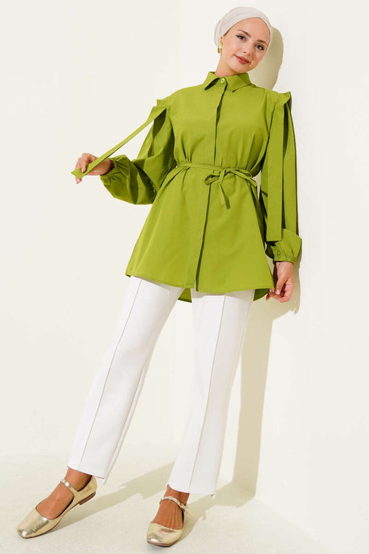قميص بأكمام طويلة وحبل وحزام بلون أخضر فستقي