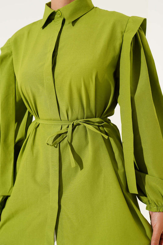 قميص بأكمام طويلة وحبل وحزام بلون أخضر فستقي