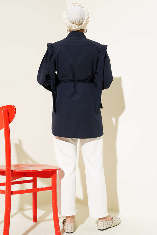 Camicia a mantella con cintura in corda e spalle blu navy