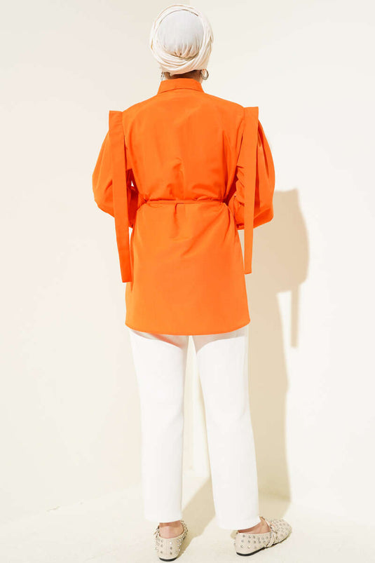 Rope Belted Shoulder Cape Shirt Orange