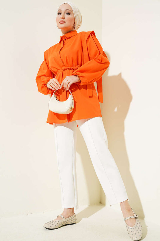 Rope Belted Shoulder Cape Shirt Orange