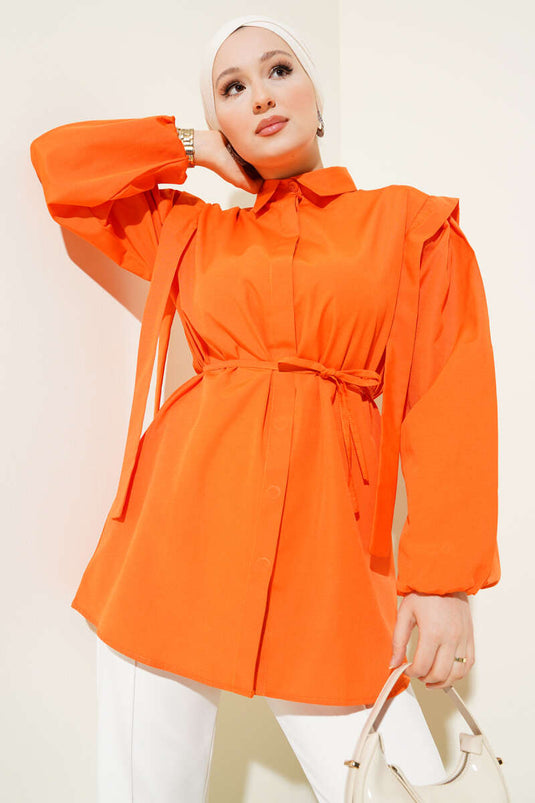 Rope Belted Shoulder Cape Shirt Orange