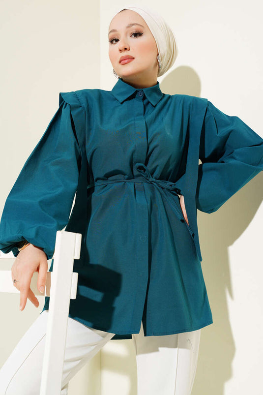 Rope Belted Shoulder Cape Shirt Petrol