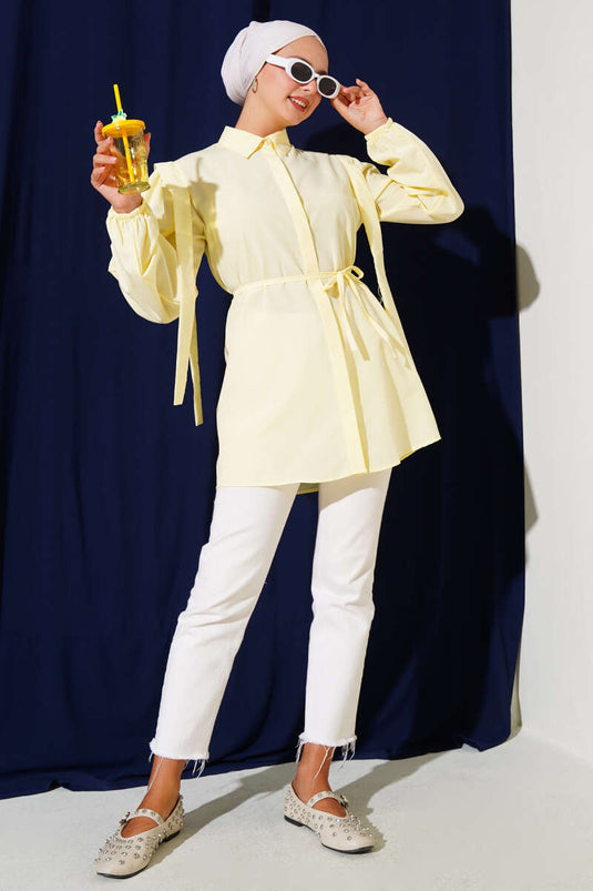 İp Kuşaklı Omuz Pelerinli Gömlek Sarı