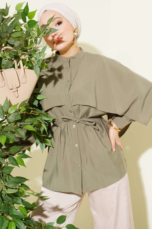 Tencel overhemd met schoudercape en koordriem, kaki