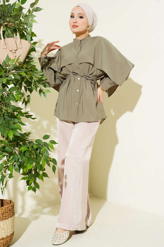 Tencel overhemd met schoudercape en koordriem, kaki