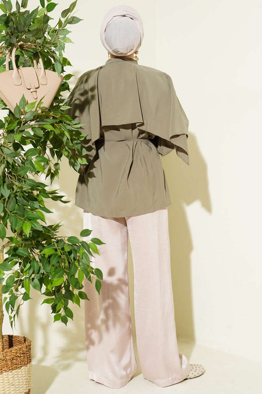 Tencel overhemd met schoudercape en koordriem, kaki