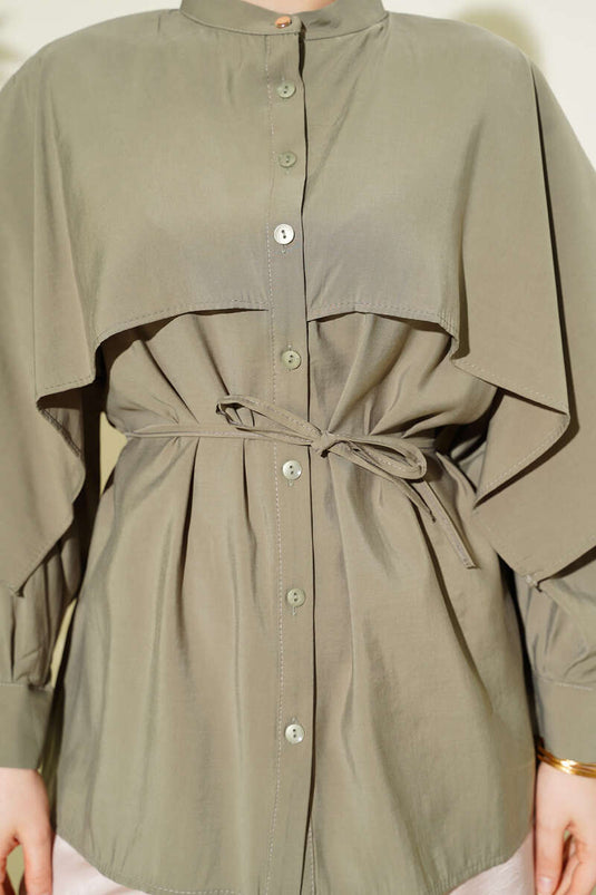 Tencel overhemd met schoudercape en koordriem, kaki