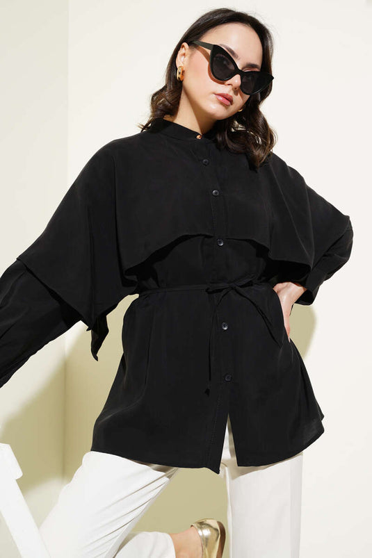Rope Belted Shoulder Cape Tencel Shirt Black