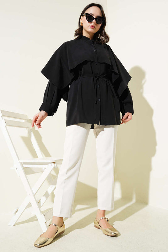Rope Belted Shoulder Cape Tencel Shirt Black