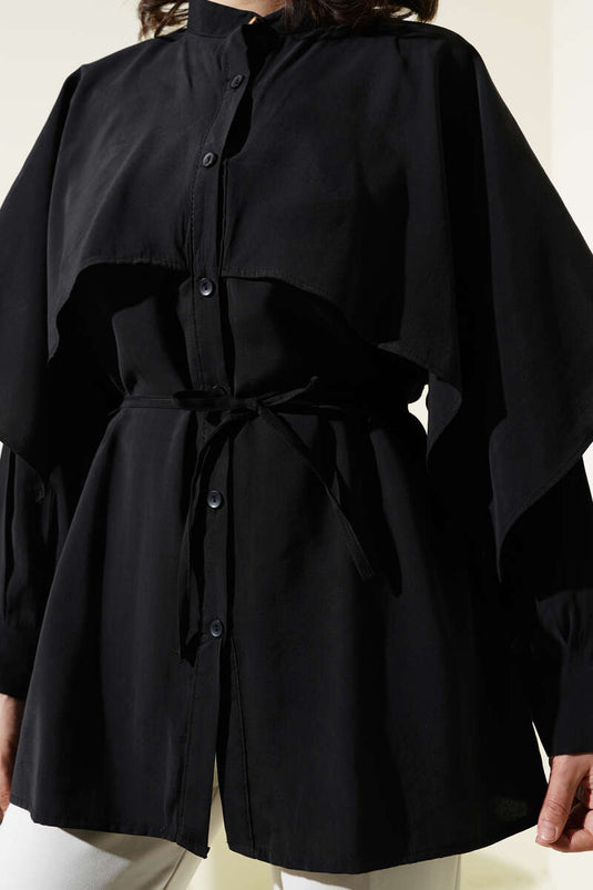 Rope Belted Shoulder Cape Tencel Shirt Black