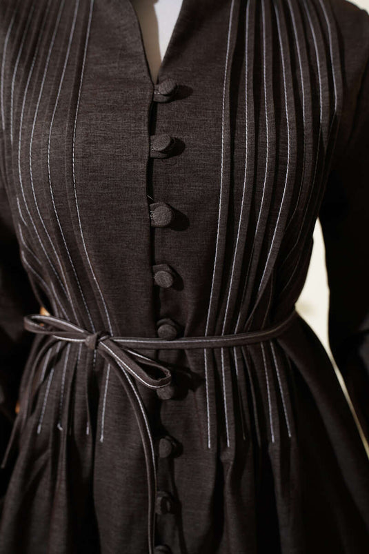 Denim Dress with Front Pleats and Rope Belt Brown