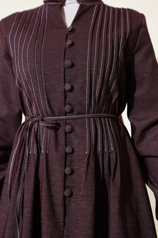 Denim Dress with Front Pleats and Rope Belt in Burgundy