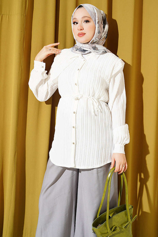 White Shirt With Tie Belt And Detail