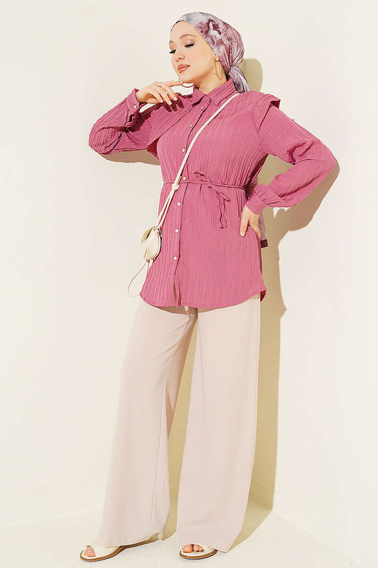 Magenta Shirt With Tie Belt And Detail