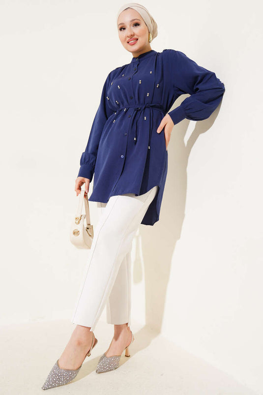 Rope Belted Stoned Shirt Navy Blue