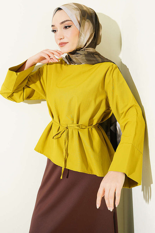 Blouse en tericoton avec ceinture en corde, vert olive