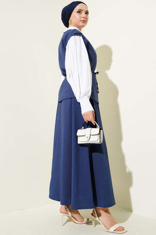 İp Kuşaklı Yelekli Etekli Takım Lacivert