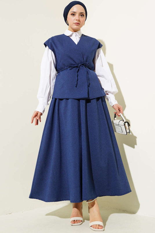 İp Kuşaklı Yelekli Etekli Takım Lacivert