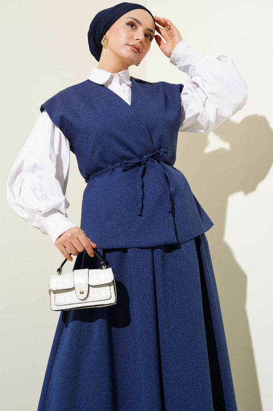 İp Kuşaklı Yelekli Etekli Takım Lacivert