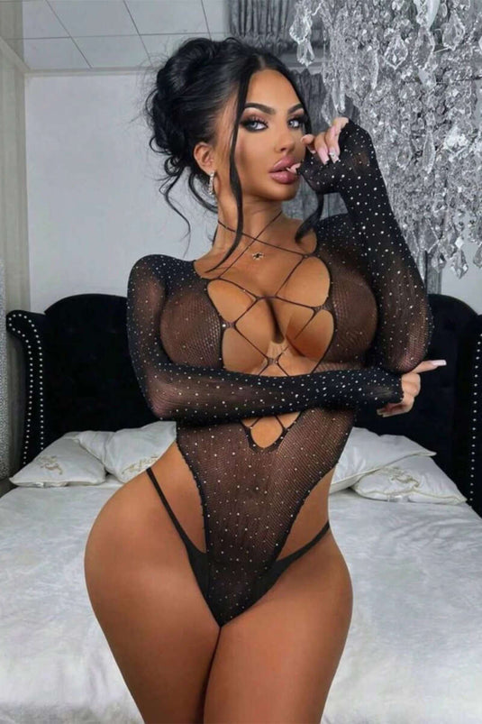 Body De Fantasía Brillante Con Escote En V Profundo En Negro