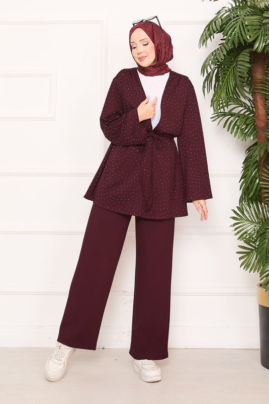 Sparkling Stone Detailed Pleated Oysho Hijab Suit Burgundy