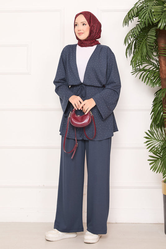 Sparkling Stone Detailed Pleated Oysho Hijab Suit Smoke