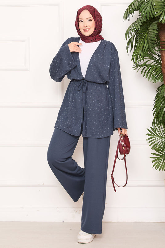 Sparkling Stone Detailed Pleated Oysho Hijab Suit Smoke