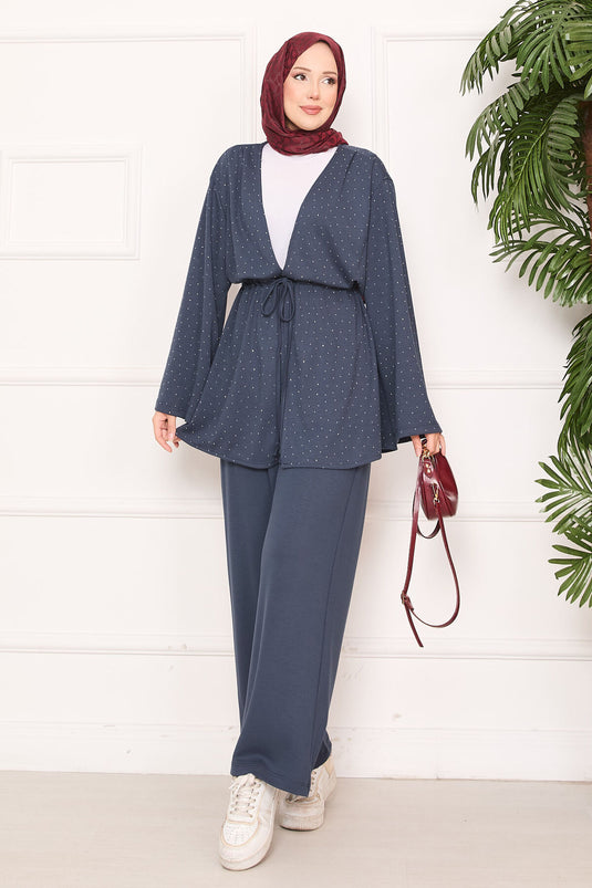 Sparkling Stone Detailed Pleated Oysho Hijab Suit Smoke