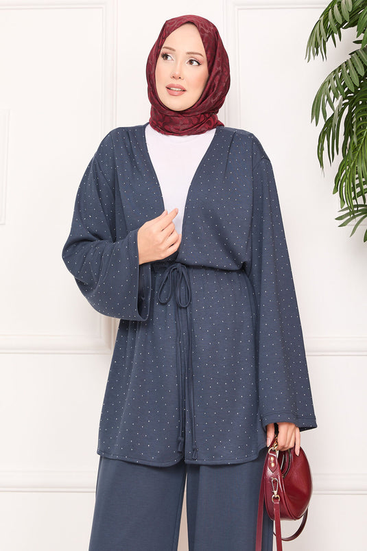 Sparkling Stone Detailed Pleated Oysho Hijab Suit Smoke