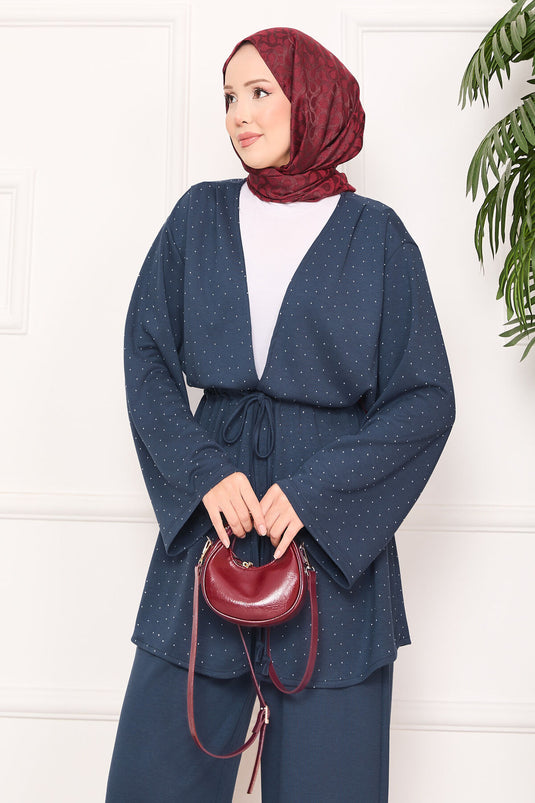 Sparkling Stone Detailed Pleated Oysho Hijab Suit Smoke