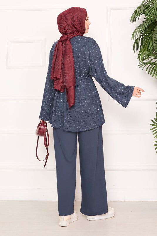 Sparkling Stone Detailed Pleated Oysho Hijab Suit Smoke