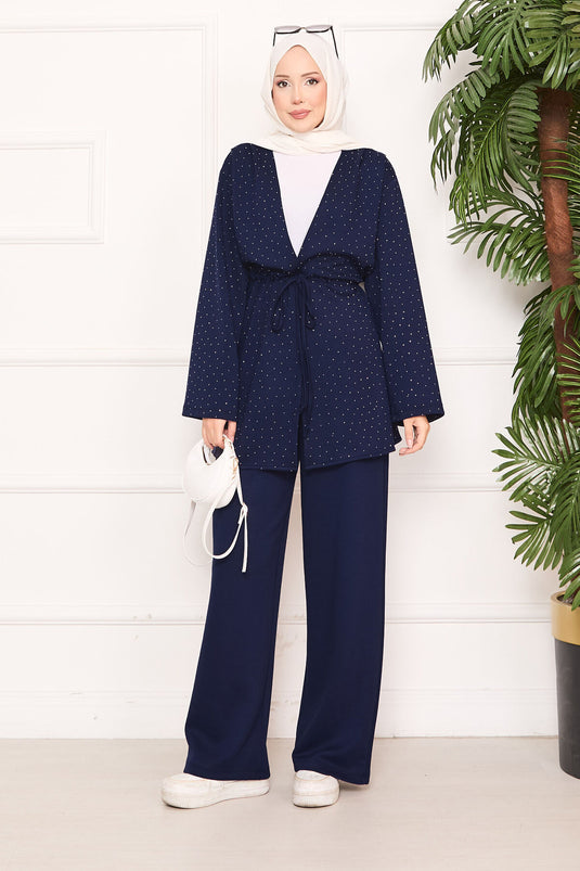 Sparkling Stone Detailed Pleated Oysho Hijab Suit Navy Blue