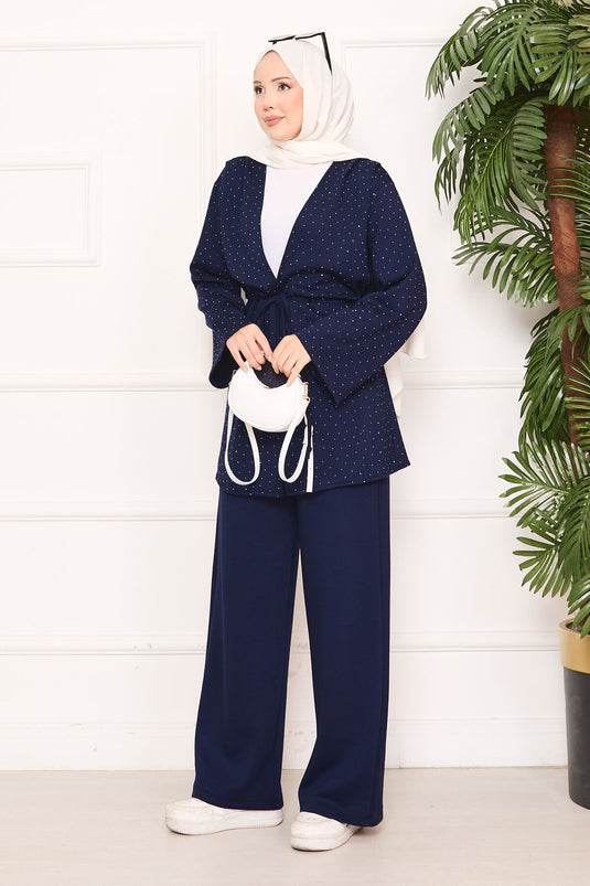 Sparkling Stone Detailed Pleated Oysho Hijab Suit Navy Blue