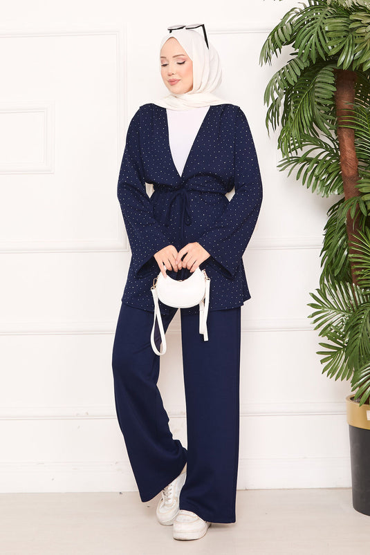 Sparkling Stone Detailed Pleated Oysho Hijab Suit Navy Blue