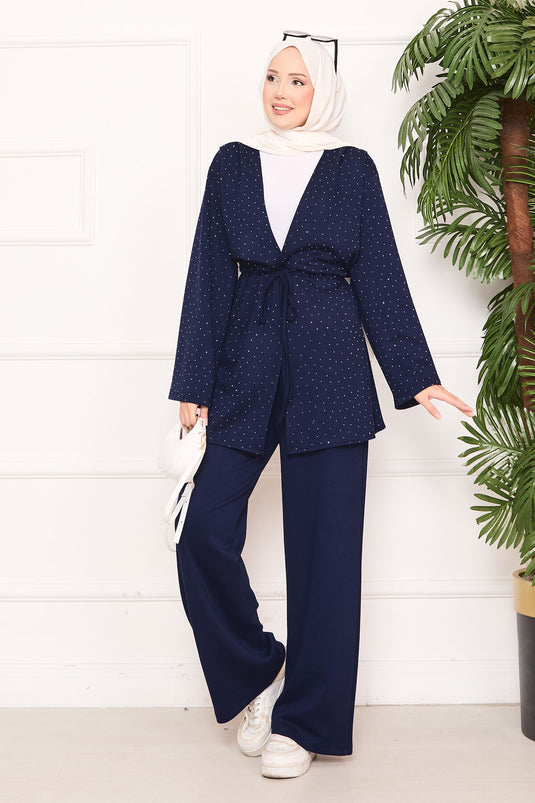 Sparkling Stone Detailed Pleated Oysho Hijab Suit Navy Blue
