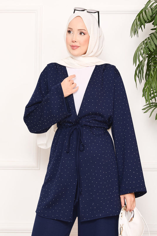 Sparkling Stone Detailed Pleated Oysho Hijab Suit Navy Blue