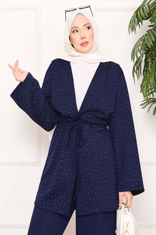 Sparkling Stone Detailed Pleated Oysho Hijab Suit Navy Blue