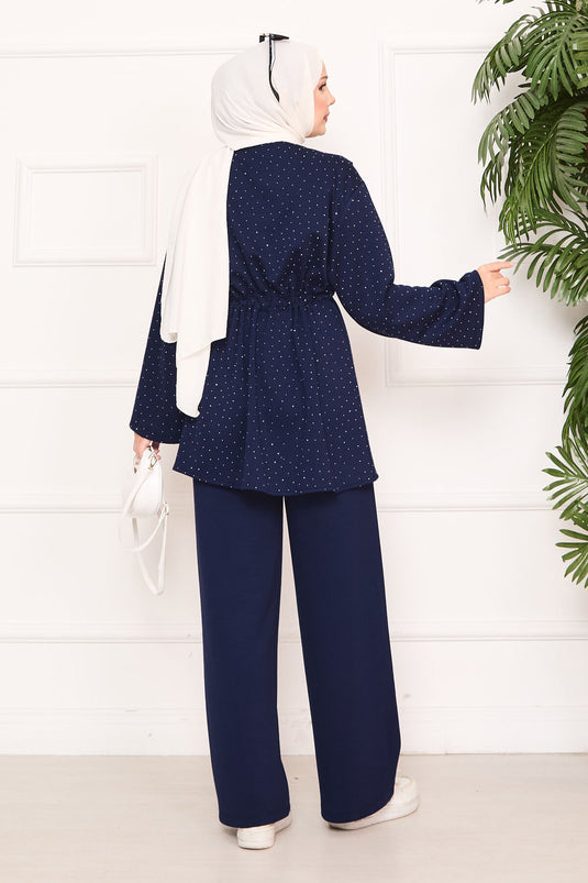 Sparkling Stone Detailed Pleated Oysho Hijab Suit Navy Blue