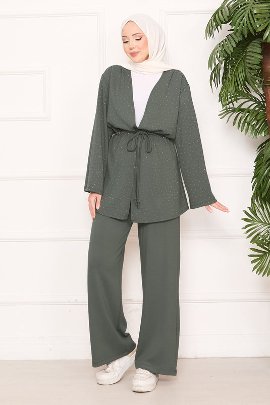 Işıltılı Taş Detaylı Büzgülü Oyşo Tesettür Takım Mint