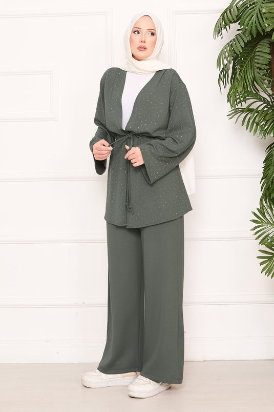 Sparkling Stone Detailed Pleated Oysho Hijab Set Mint